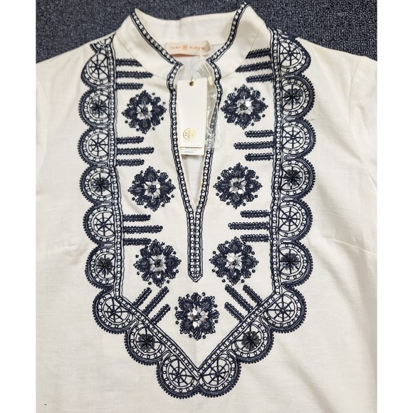 Tory Burch Embellished Embroidered Tunic Blue White Size 8‎ NWT - Picture 4 of 13